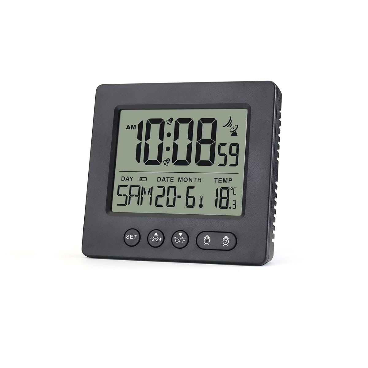 Happystream Black Digital Radio Alarm Clock, Digital Alarm Clock With Radio-Controlled Clock, Two Alarm Times, Temperature Display, Backlight, Date Display, Snooze Function (Black)