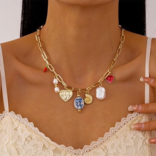 Gold Charm Necklace for Women Summer Charm Necklace Trendy Heart Pearl Flower Conch Pepper Pendant Necklace Paper Clip Choker Necklace Beach Jewelry Gifts2