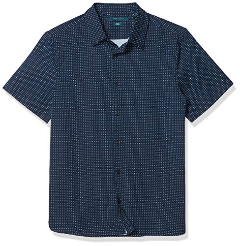 Perry Ellis Men's Total Stretch Slim Fit Dot Print Short Sleeve Button-Down Shirt, Dark Sapphire, Large
