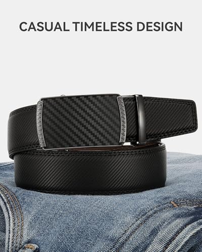Image of Chaoren Leather Ratchet Belt 2 Pack Dress with Click Sliding Buckle 1 3 /8 inch in Gift Set Box - Adjustable Trim to Fit