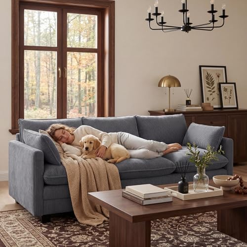 Image of Gizoon 3 Seater Couches for Living Room, Cloud Sleeper Sofa with Double Cushion Corduroy Deep Seat Sofa Couches with 2 Pillows for Living Room Bedroom and Apartment,Pet-Friendly Fabric, Grey