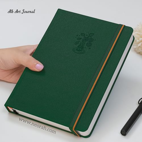Image of NEORAH - A5 - ART JOURNAL | 200Gsm Dotgrid Notebook |160 Pages(21.0 x 14.8 cm) | Lay Flat |HardCover Bullet - Journal |3 Bookmarks |Elastic Closure| Inner BackPocket | Ideal-Bujo,Drawing (DARK GREEN)