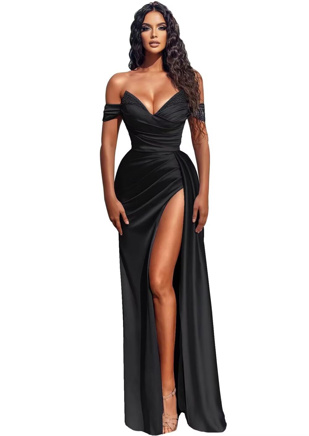 Off Shoulder Prom Dresses Beaded Satin Formal Gown Mermaid Evening Dress with Slit