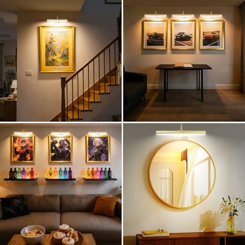Image of Set of 2 Picture Lights on Wall Rechargeable and Remote, Full Metal Painting Light with 3 Lighting Colors Brightness Dimmable and Timer Auto-OFF, Above Artwork Dartbord Display Gallery Portrait