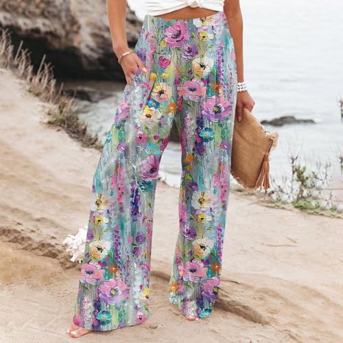 Womens Elastic High Waisted Palazzo Pants Floral Casual Wide Leg Long Lounge Pant Boho Trousers with Pocket2