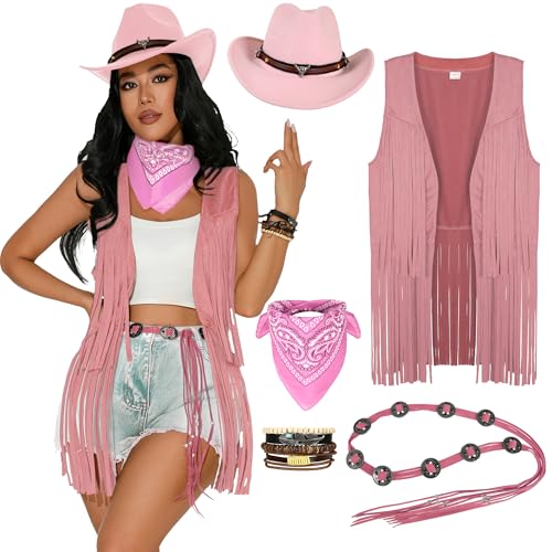 GERVAISE Womens Western Cowgirl Costume 70s Hippie Tassels Fringe Vest outfit Hat 5pcs (Pink, Medium)