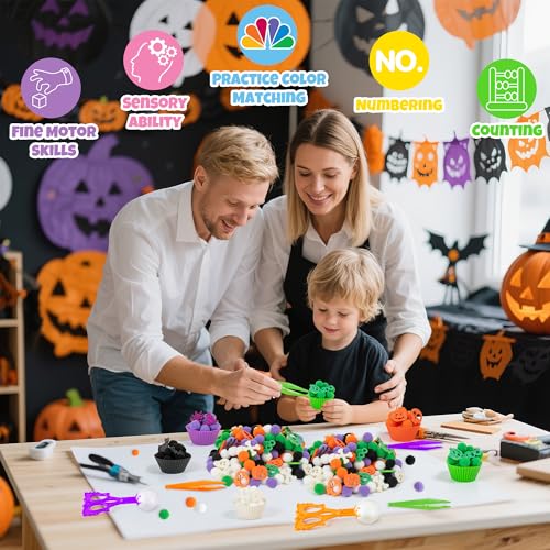 Image of EZdhuawuse Halloween Sensory Bin Fillers - 269P Halloween Fine Motor Toys Sorting Stacking Toys for Kids, Glitter Felt Pumpkin Black Cat Hat Pom Poms for Preschool Education Early Development Activity