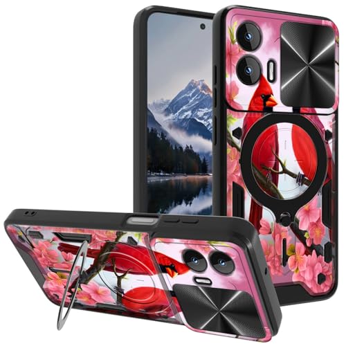 Case for Motorola Moto G Stylus 5G 2024, with Slide Camera Cover&Shockproof Bracket, Dual Layer Durable Heavy Duty Protective Cell Phone Case for Moto G Stylus 5G 2024,Red Birds Pink Flowers