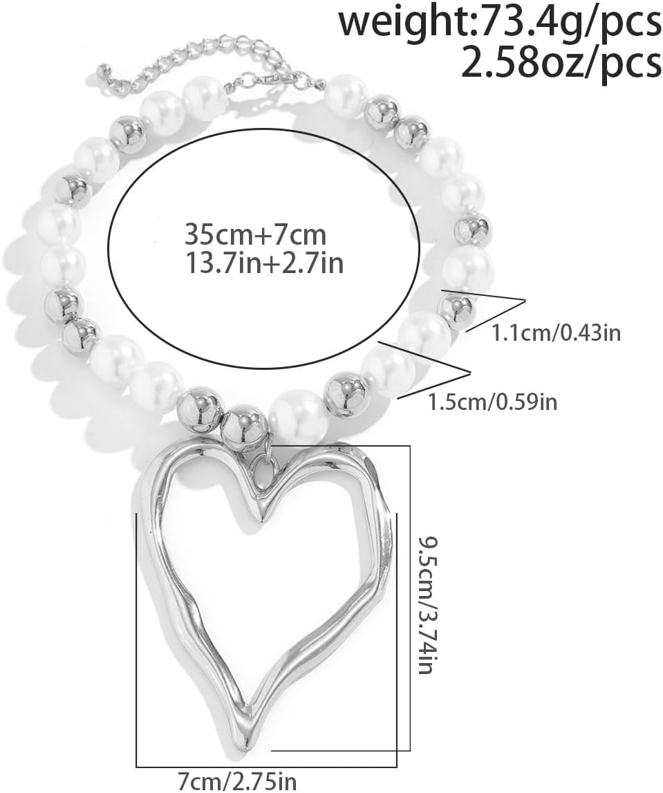 Y2k Chunky Heart Necklaces for Women Silver Large Heart Pendant Pearl Beaded Necklace Love Statement Choker Necklace Heart Jewelry Accessories Gift - Image 4