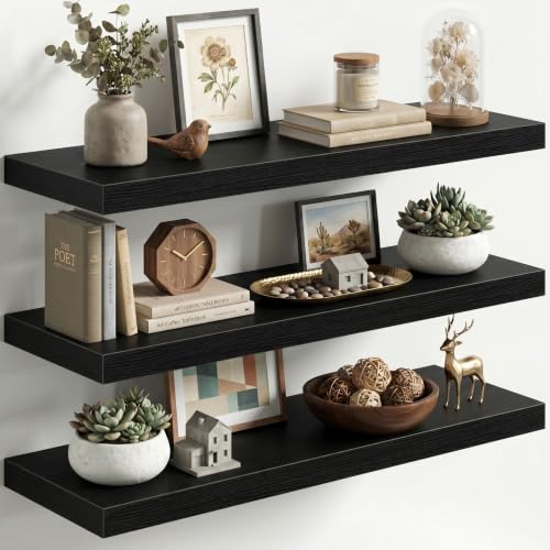Image of Fun Memories Floating Shelves for Wall, 3 Pack 36 Inch Long Floating Shelves, 36 x 12 Wooden Shelves for Wall, Large Storage Shelves, Hanging Shelves for Bathroom Bedroom Kitchen, Black