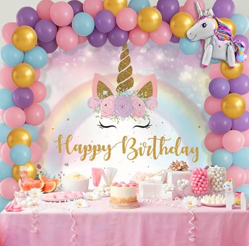 Image of Party Propz Unicorn Theme Birthday Decoration Kit For Girls - 64 Pcs,Happy Birthday Banner Backdrop Decoration (5x4 ft),Colourful Balloons, Unicorn Foil Balloon,Bday Decoration Items for Girls