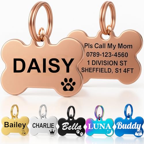 Personalised Dog Tags for Pets UK Prime, Deep Engraved Cat Dog Name ID Tags, Stainless Steel Pet Tag for Doggy Kitten Kitty Puppy, Scratch Resistant Tag (Champagne Gold Bone, L)