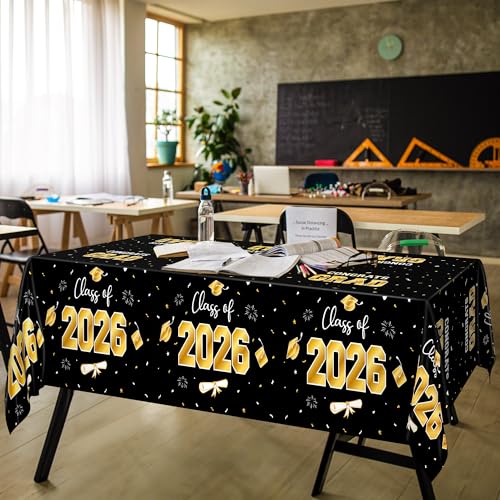 Image of QZYL 4 Pack Graduation Decorations, 54 inch x 108 inch Black and Gold Rectangle Graduation Table Cloths, Plastic Tablecover for College Congrats Grad, Disposable Grad Party Decorations for Class of 2026