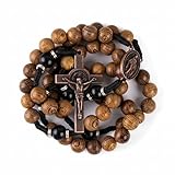Nazareth Store Handmade Solid Wood Catholic Rosary Beads Olive & Black Wood Mystery Beads Prayer Necklace with Antique Copper Miraculous Medal & Crucifix Spiritual Warrior Gift for Men