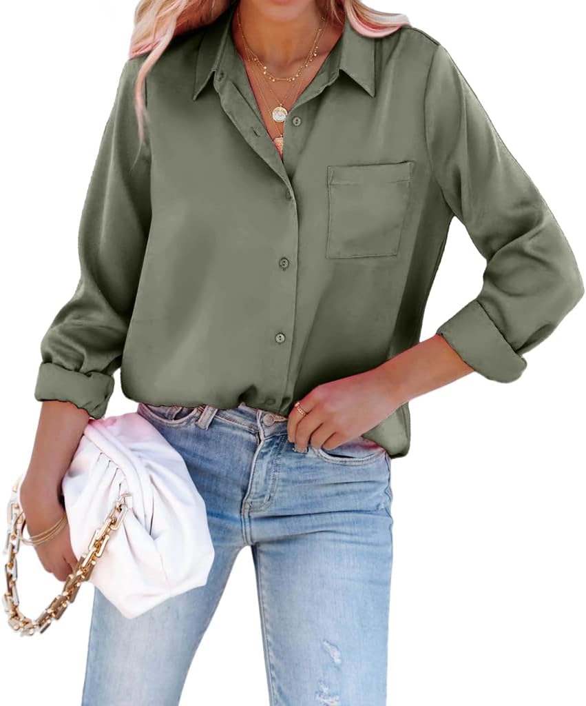Pausus Satin Button Down Shirts for Women Long Sleeve Slim Fit Office Blouses Casual Business Silk Tops with Pocket S-XXL