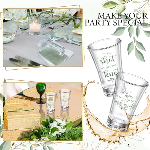 SiliFine 50 Set Wedding Favors for Guests Bulk 1.5oz Acrylic Take a Shot We Tied the Knot Shot Glasses with Thank You Cards Organza Bags for Guest Souvenirs Wedding Bridal Shower Gift (Green,Classic)