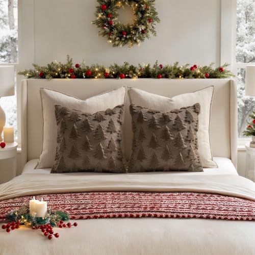 Image of MIULEE Christmas Throw Pillow Covers Reddish Brown Christmas Decorations Set of 2 Xmas Tree 18x18 Pillow Covers Soft Faux Wool Pillowcases Holiday Festivals Winter Home Decor Sofa Couch Bed Porch