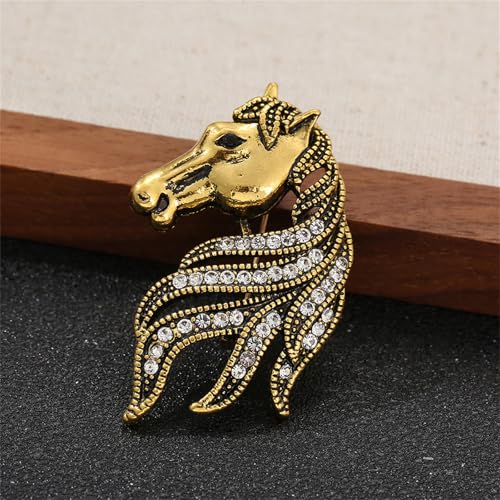 Image of Dreuyet Horse Brooch Pin Horse Racing Suit Lapel Pin for Women Men Rhinestone Antique Gold Horse Animal Brooch Clothing Outfits Accessory Jewelry