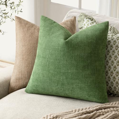 Image of Foindtower Pack of 2 Soft Textured Chenille Throw Decorative Pillow Covers Square Accent Solid Cushion Cover Cozy Neutral Farmhouse Pillow Case for Couch Sofa Bed Living Room 24x24 Inch,Forest Green