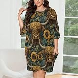 DGTXWIT Women's Oversized Sleep Shirt Dress Highland Cow Sunflower Funny Soft Short Sleeve Nightgown with Pockets, Plus Size Loungewear for Home & Resort (S-4XL)