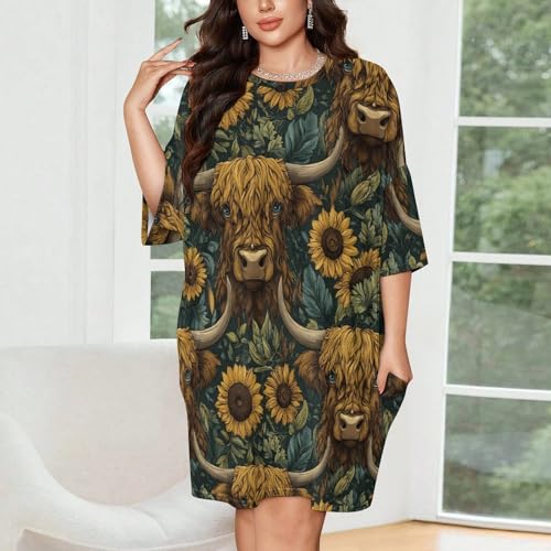 DGTXWIT Women's Oversized Sleep Shirt Dress Highland Cow Sunflower Funny Soft Short Sleeve Nightgown with Pockets, Plus Size Loungewear for Home & Resort (S-4XL)