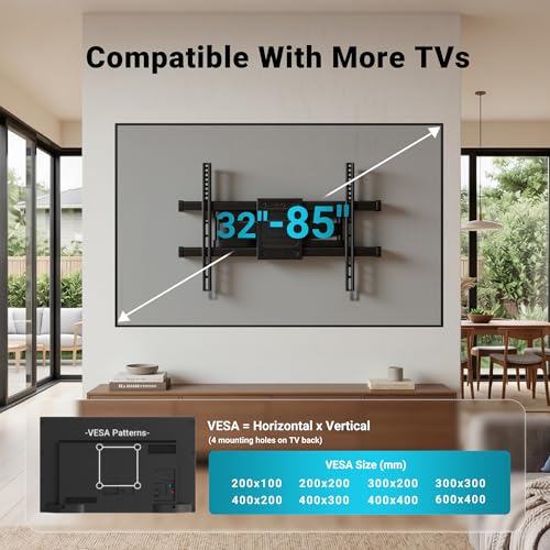 Image of BONTEC Full Motion TV Wall Mount for 37-85 Inch TVs, Hold up to 132lbs, Heavy Duty Swivel Tilt TV Mount, Articulating Dual Arm Wall Mount TV Bracket, Max VESA 600x400mm, Fits 16 inch Wood Studs
