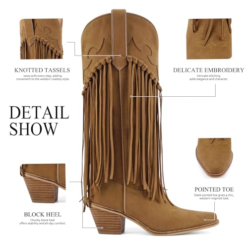Mid Calf Fringe Cowgirl Boots For Women Embroidered Pointed Toe Chunky Block Heel Cowboy Western Tassel Boot2