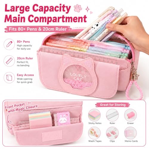Image of Cute Kawaii Pink Cat Pencil Case for Girls - Large Capacity Double Layer PU Leather Pencil Pouch & Stationery Organizer for Aesthetic School Supplies, Travel, Office & Gifts