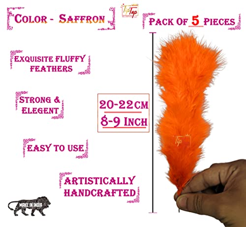 Image of Fluffy Natural Dyed Feather Kalgi Kalangi Stick for Craft (7-8 Inch) (Saffron, Pack of 5 Pcs)