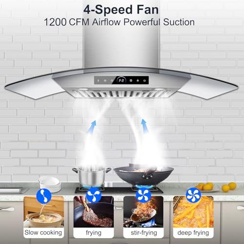Image of 36 inch Range Hood Wall Mount, 1200 CFM with 4-Speed Gesture Sensing & Touch Control, Stainless Steel Ducted Kitchen Stove Vent Hoods with 2 LED Lights, Time Setting, Dishwasher-Safe Baffle Filters