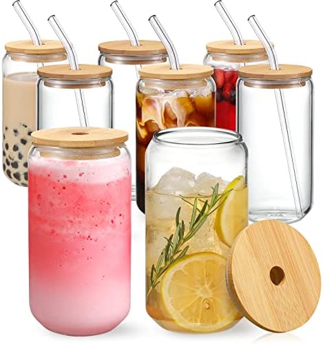 [ 8pcs Set ] Drinking Glasses with Bamboo Lids and Glass Straw - 16oz Can Shaped Glass Cups, Beer Glasses, Iced Coffee Glasses, Cute Tumbler Cup, Ideal for Cocktail, Whiskey, Gift - 2 Cleaning Brushes