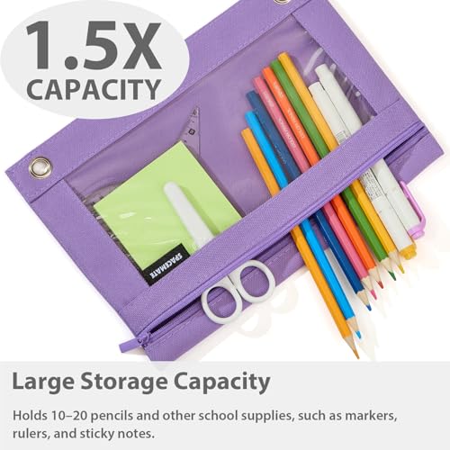 Image of SPACEMATE 2 Pack Pencil Pouch for 3 Ring Binder, Clear 3-Hole Zipper Case | Metal Grommets, School Supplies Organizer for Girls, Boys & Kids, Preppy Aesthetic Style, 1 Pack, Purple