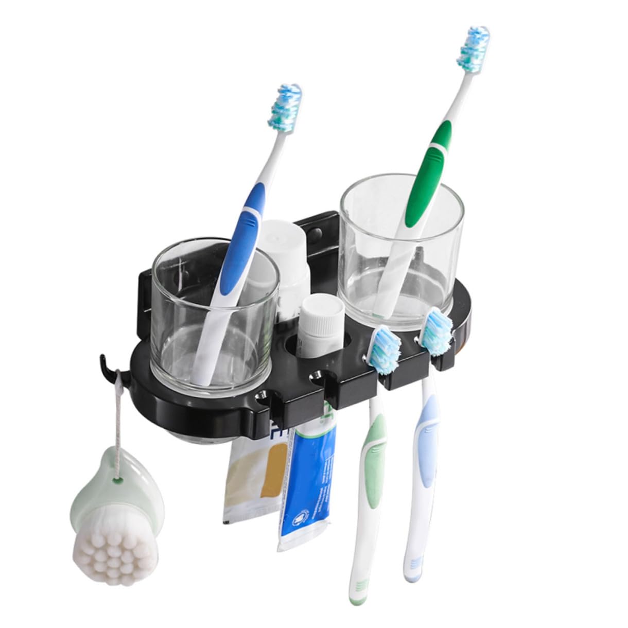 Levemolo Bohren Space Aluminium Zahnbürstenhalter Doppelbecher Halter mit Haken Schwarz Rostfrei Platzsparend Multifunktional für Bad Zahnbürste Glas Zahnpasta Handtuch