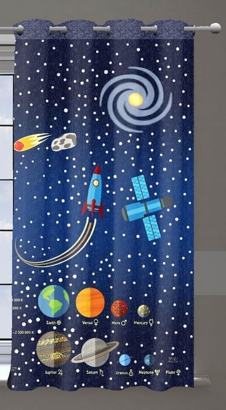 Image of 3D Digital Printed Space Theme Curtains for Kids Room /Play School Curtains Galaxy Print 7 feet Long Curtain Set of 1 pc