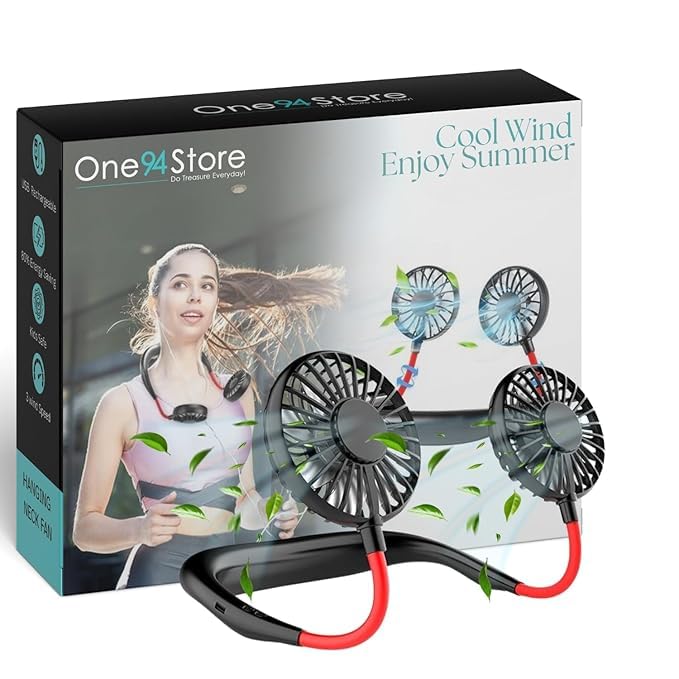 One94Store Portable Neck Fan – 1200mAh USB Rechargeable, 3-Mode, 7-Blade, Hands-Free Wearable Cooling New Fan, Up to 3 Hours Use for Travel, Office, Outdoor, Sports & Home (Black)