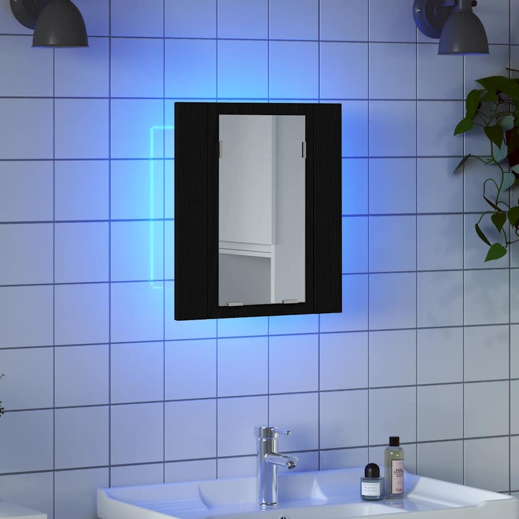 Szafka łazienkowa z lustrem LED, dąb czarny, 40 x 12 x 45 cm, materiał drewnopochodny z oświetleniem RGB, złącze USB, montaż ścienny, oszczędność miejsca, duża przestrzeń do przechowywania