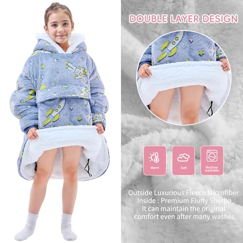 yescool Wearable Blanket Hoodie Kids Glow in the Dark, Oversized Blanket Sweatshirt with Sherpa Teen Girl Gifts for Kids,Boys, Girls, 8-15 Year Old Girl Gift Warm Wearable Blanket, One Size, Astronaut