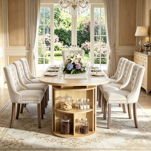 Image of 47in-118 in Extendable Dining Table for 4-12, Oval Expandable Kitchen Table | 5 Adjustable Lengths, Large Extra-Long Design, Natural Wood Grain Finish, Dual Hidden Storage Pedestal, Fluted Sliding Doors