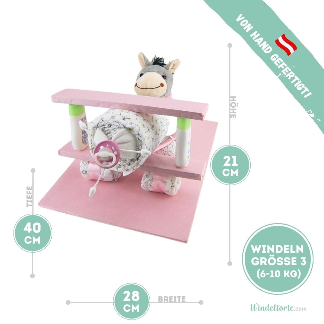 Flugzeug mit Kuscheltier - Plüschtier - Geschenk zur Geburt - Babyparty - Baby - Babyshower - Pullerparty… (Rosa/Mädchen)