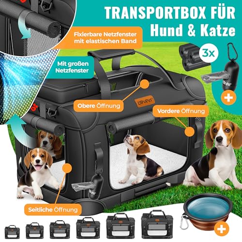 LOVPET® Transportbox Hund Katze Transporttasche XXL 92x64x64cm | Hunde-Tragetasche Faltbare Katzentasche | Haustier-Transportbox inkl. Hundenapf & Schultergurt | für Katzen & Hunde Schwarz