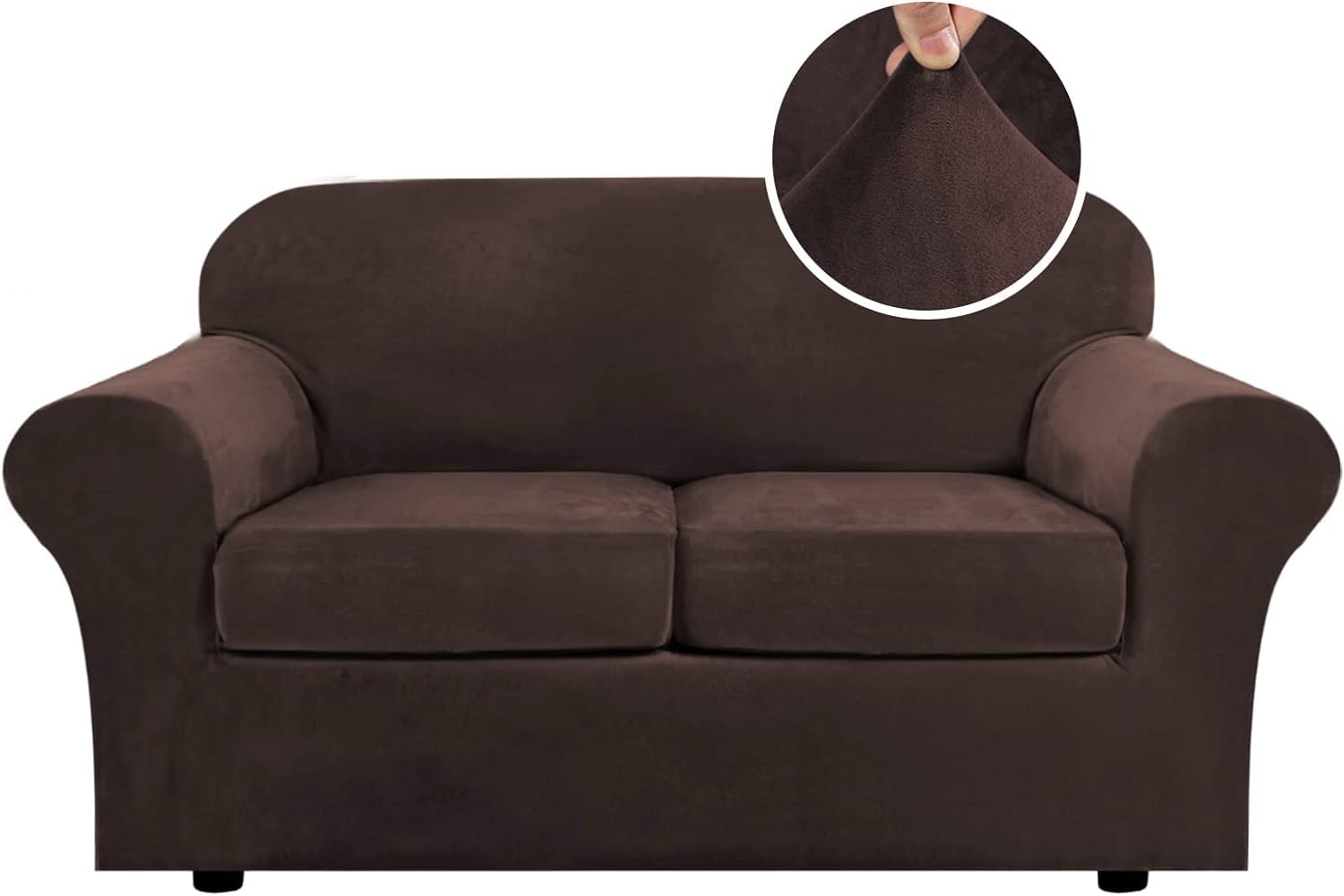 LINGKY Velvet Sofa Cover 2 Seater With 2 Separate Sofa Seat Cushion Covers, Stretch Couch Cover Non-Slip Sofa Slipcovers for Living Room Furniture Protector (Brown,2 Seater)