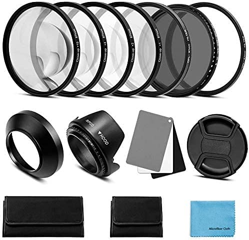 55mm Lens Filter Accessories Kit:UV CPL Adjustable ND Filter(ND2-ND400),Macro Close up Filter Set(+1,+2,+4,+10),Lens Hood,3 in 1 Grey Card for Canon Nikon Sony Pentax Olympus Fuji DSRL Camera