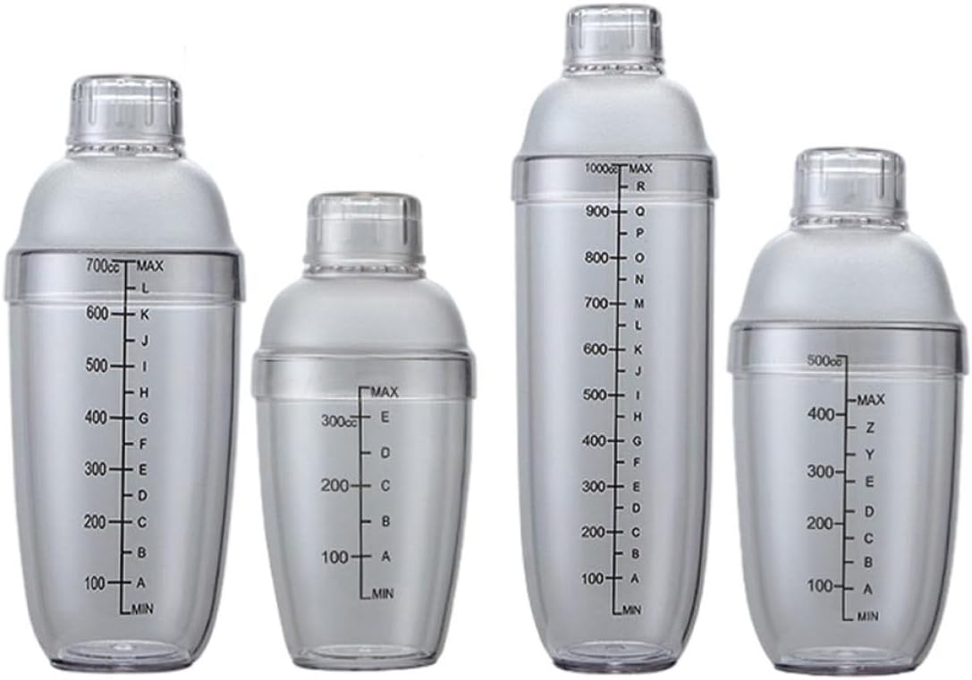 Uonlytech Plastic Cocktail Shaker Set with Scale, 5pcs Bar Mixer Shakers (350ml, 500ml, 700ml, 1000ml) with Lid, Black Measurement Marked Handheld Wine and Milk Tea Drink Mixer for Home