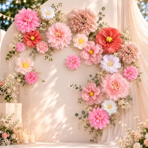 Image of Cholemy 24 Pcs Tissue Paper Flowers, Crepe Paper Flowers Decorations 8 inch 10 inch 12 inch for Wedding Party Baby Bridal Shower Carnival Party Birthday Nursery Wall Decor (Dusty Pink,Peach)