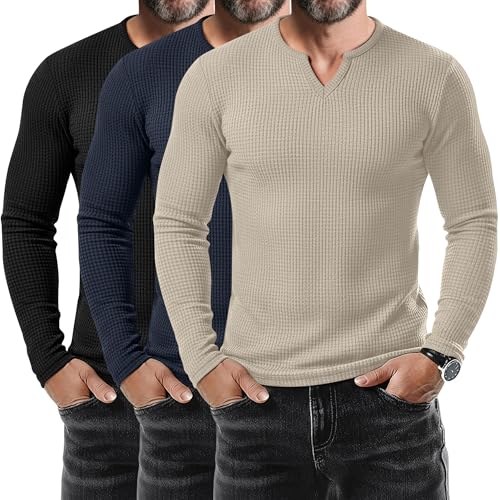 Baggyfly 3 Pack Men's Waffle Long Sleeve Shirts V Neck Thermal Pullover Tops Knit Tshirt Casual Basic Lightweight Undershirt(Black, Navy Blue, Light Khaki,X-Large)