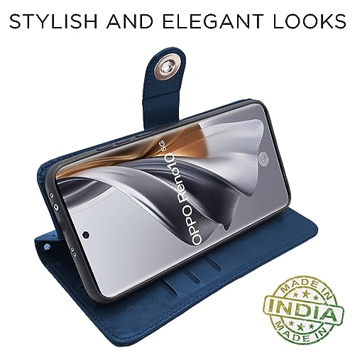 Image of Pikkme Oppo Reno 10 5G Flip Cover Leather Finish | Inside TPU with Card Pockets | Wallet Stand and Shock Proof | Complete Protection Button Flip Case (Blue)