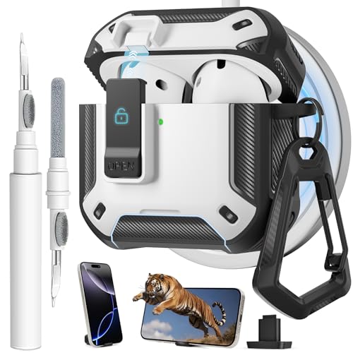 Image of for AirPods 4 Case with Magnetic Secure Lock Clip and Phone Stand, Compatible with Magsafe Charging, with Carabiner&Cleaner kit for Apple iPod 4th Generation Cover(2024) Men Women (White)