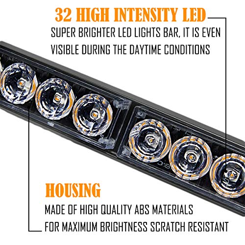 Le-Jx Amber/White 2 In 1 Emergency Strobe Light Bar 21 Flash Patterns Traffic Advisor Warning Hazard Windshield Safety Lights Bar With Cigar Lighter For Police Vehicles, Truck (2×16.8 Inch, 32 Led) #TOP3
