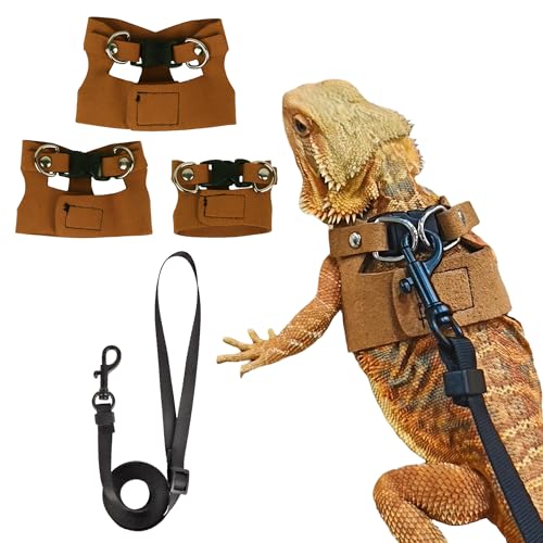 ADOGGYGO Bearded Dragon Harness Leash Set- 3 Size Pack Lizard Harness, Lizard Reptile Walking Leash for Bearded Dragon Reptiles (Brown)