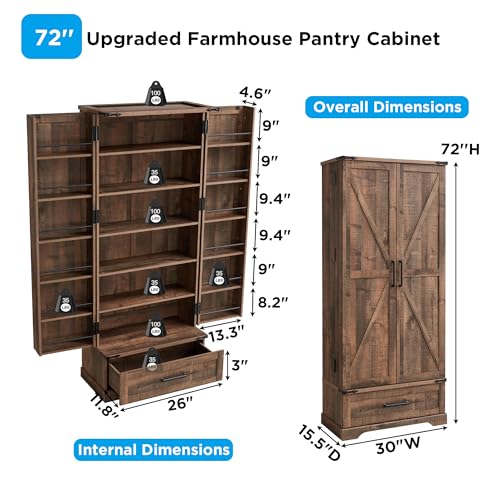 72-Farmhouse-Kitchen-Pantry-Cabinet-with-Drawer-Tall-Storage-Cabinet-with-2-Barn-Doors-and-Shelves-Versatile-Large-Rustic-Cabinet-for-Dining-Room-Bathroom-Living-Room-Rustic-Brown 72 Farmhouse Kitchen Pantry Cabinet with Drawer Tall Storage Cabinet with 2 Barn Doors and Shelves Versatile Large Rustic Cabinet for Dining Room Bathroom Living Room Rustic Brown